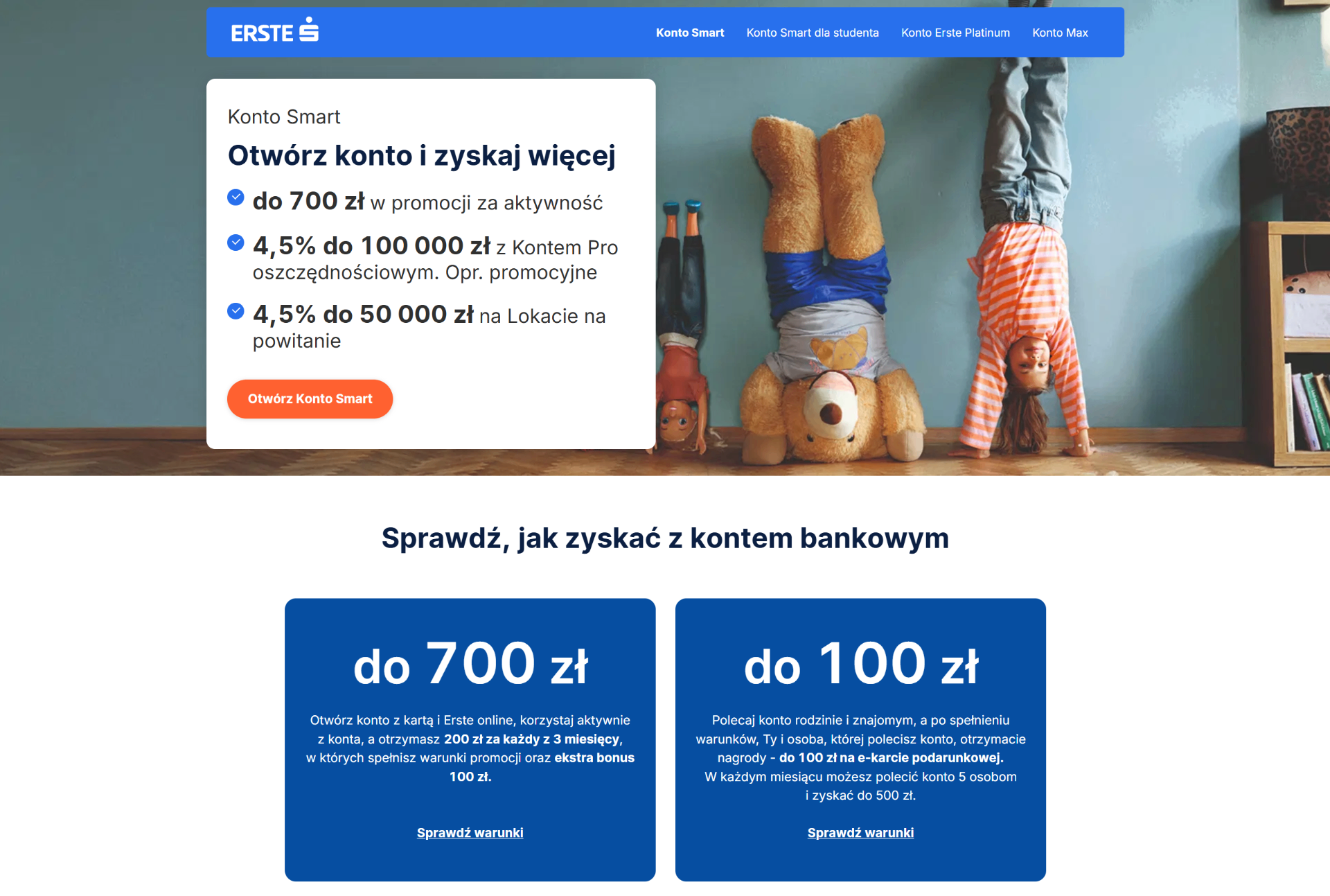 Erste Bank — promocja Konto Smart: do 700 zł za aktywność i 4,5% na koncie oszczędnościowym