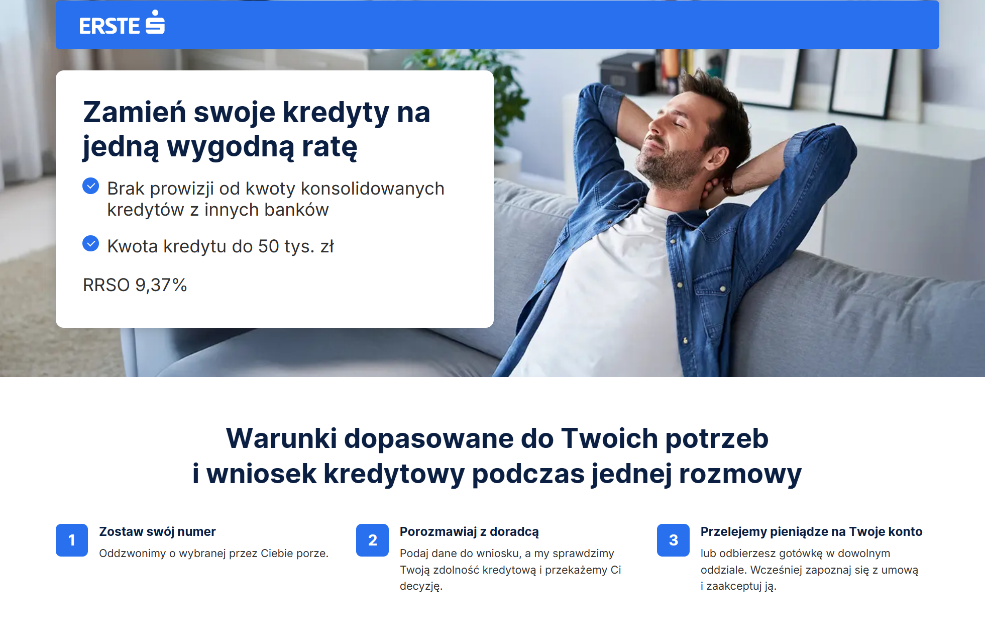 Kredyt konsolidacyjny Erste Bank do 50 000 zł — RRSO od 9,37%